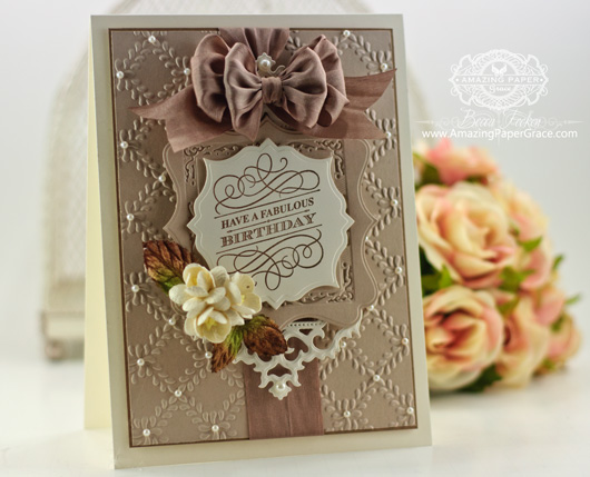 Justrite Papercrafts - Grand Birthday Sentiments Clear Stamps.  Designed by Becca Feeken using Spellbinders Antique Frames and Accents, Spellbinders Labels Sixteen, Spellbinders Gold Squares One, Spellbinders Labels Thirty Two, Spellbinders Garden Lattice