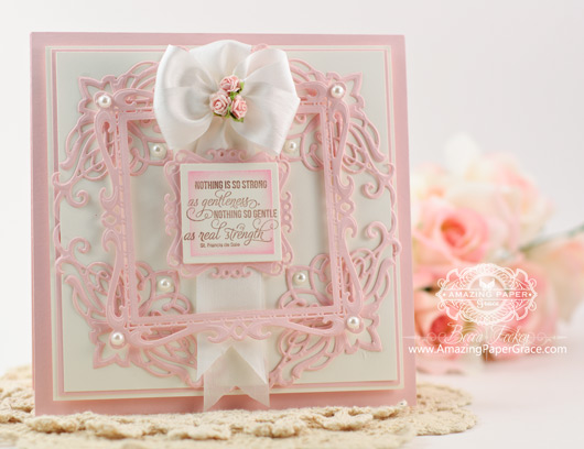 Card making ideas by Becca Feeken using JustRite Heirloom Flourish 2 and Ribbon and Swags Vintage Labels Seven