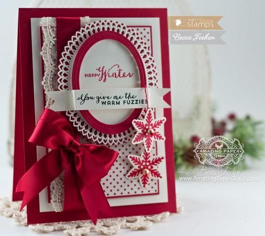 Christmas Card Making Ideas by Becca Feeken using Waltzingmouse Stamps Warm Fuzzies and Spellbinders Oval Bliss - www.amazingpapergrace.com