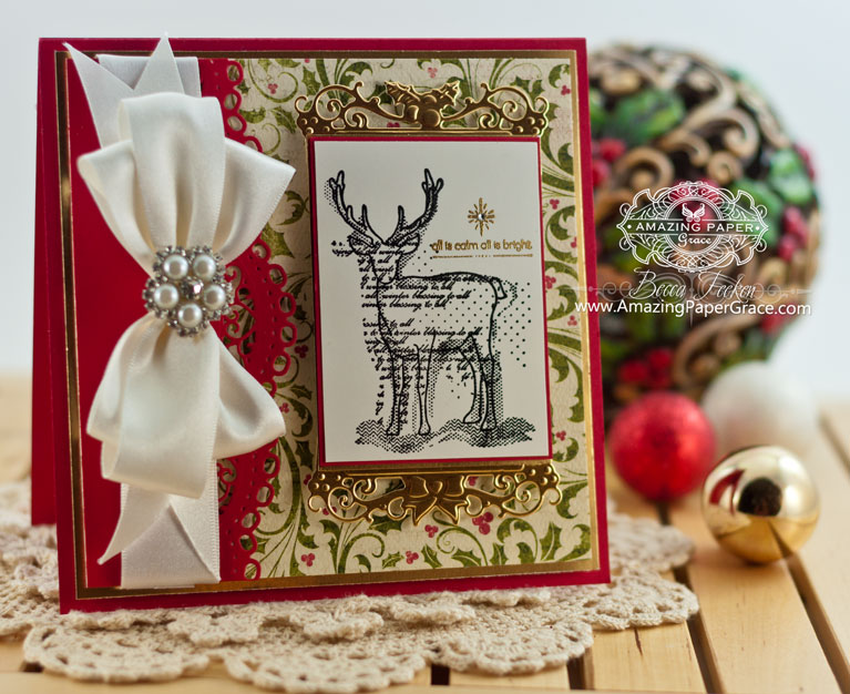 Christmas Card Making Ideas by Becca Feeken using Spellbinders Holly Tags Two, Spellbinders A2 Scalloped Borders One and Unity All is Calm All is Bright - www.amazingpapergrace.com