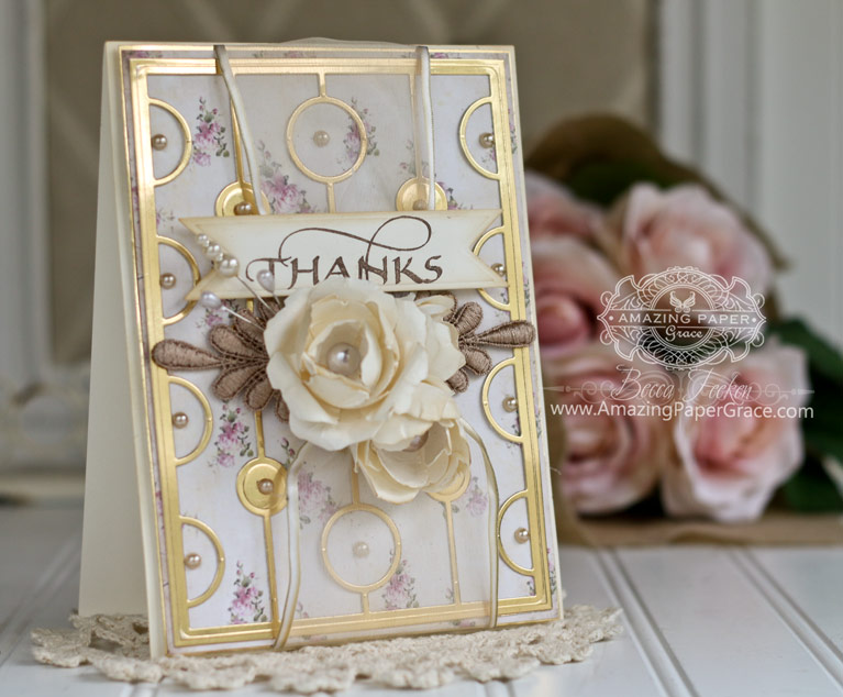 Thank You Card Making Ideas by Becca Feeken using Quietfire Design - Thanks Cuddlers Set, Spellbinders Vertical Chain, Spellbinders Contour Layered Blooms, Spellbinders Decorative Swallowtail Tags - full supply list at www.amazingpapergrace.com