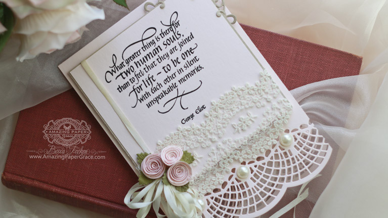 Romantic Card Making Ideas by Becca Feeken using Quietfire Design - What Greater Thing Is There, Spellbinders 74-790 Bella Clair Border, Spellbinders S6-021 Imperial Square - Full supply list and links at www.amazingpapergrace.com/blog/?p=32195