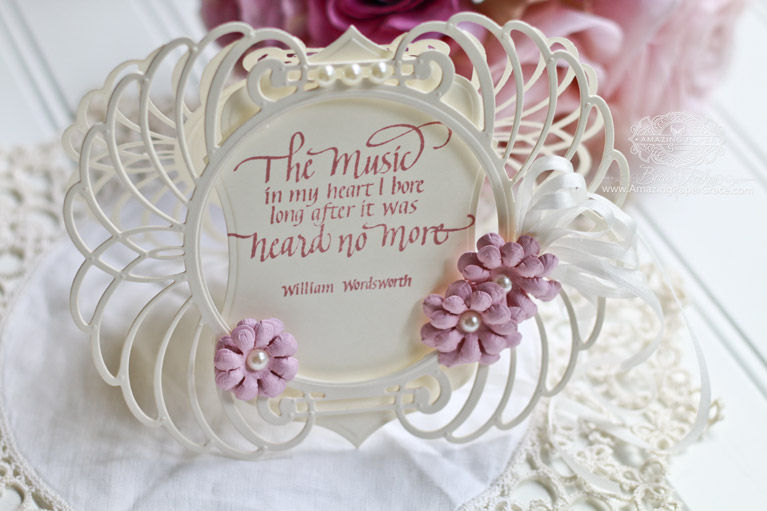 Card Making Ideas by Becca Feeken using Quietfire Design - The Music in my Heart, Spellbinders Marcheline Plume, Spellbinders Francesca Label, Spellbinders Cinch and Go Flowers II - see full supply list and links at www.amazingpapergrace.com/?p=32332