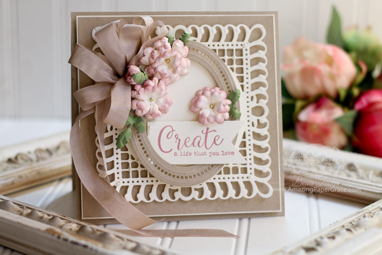 Card Making Ideas by Becca Feeken - A Lovely Change from Rectangle to Square using Graceful Frame Maker Die, Hemstitch Ovals Die, Cinch and Go Flowers III Die and Bella Rose Lattice Layering Die - see www.amazingpapergrace.com/?p=33777 for full supply list