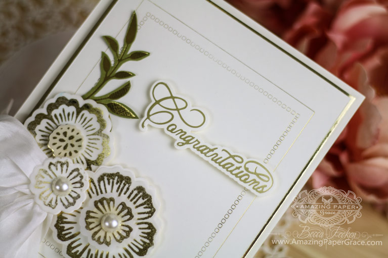 Foil Card Making Ideas by Becca Feeken Using Glorious Glimmer Foil Flowers, Glorious Glimmer Elegant Sentimenrs and Spellbinders Hemstitch Rectangles - see full supply list at www.amazingpapergrace.com/?p=34510