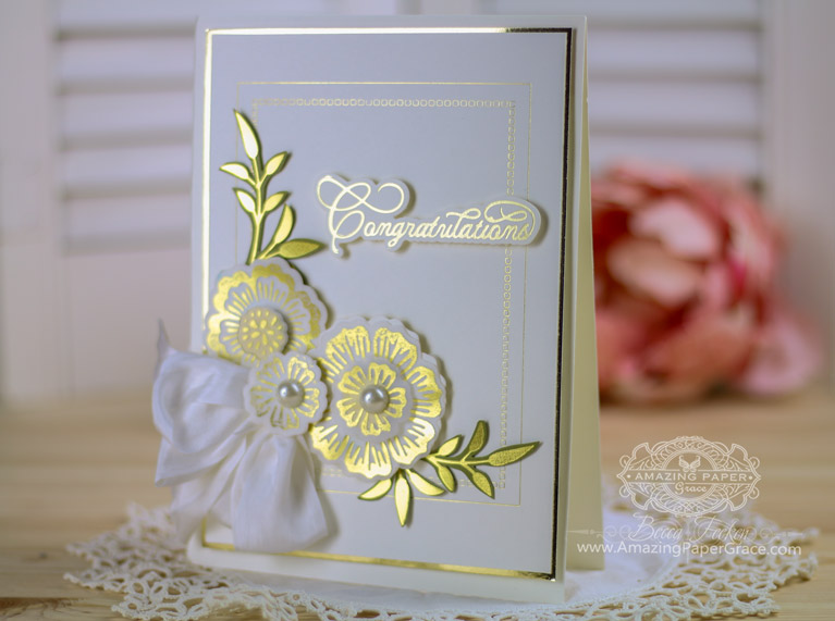 Foil Card Making Ideas by Becca Feeken Using Glorious Glimmer Foil Flowers, Glorious Glimmer Elegant Sentimenrs and Spellbinders Hemstitch Rectangles - see full supply list at www.amazingpapergrace.com/?p=34510