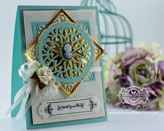 Card Making Ideas by Amazingpapergrace using JustRite Custom Lacey Tiers, JustRite Custom Vintage Labels Four, Spellbinders Stately Circles, Spellbinders 5x7 Matting Basics A, Spellbinders Garden Lattice Embossing Folder