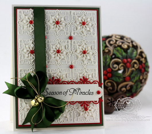 Card Making ideas by amazingpapergrace.com using JustRite Heritage Christmas Ornaments LG, Spellbinders Folded Lace, 5 x 7 Matting Basics A, Spellbinders Back to Basics Tags, Spellbinders Frosty Forms