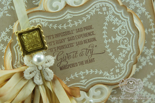 Card Making Ideas by Becca Feeken using JustRite Ribbon and Swags Vintage Labels Seven and  Heirloom Flourish One Die (close-up)