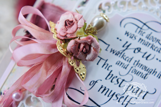 Card Making Ideas by Becca Feeken handmade card with custom bow, roses and filigree