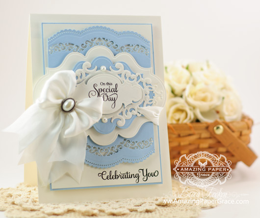 Congrats Card Making Ideas by Becca Feeken using Vintage Filigree Layers and Spellbinders Scalloped Borders One and Two