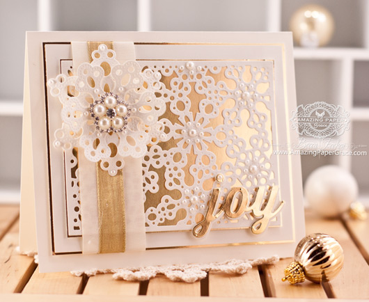 Christmas Card making ideas by Becca Feeken using My Favorite Things Snowflake Fusion Cover-up Die-namics, Pierced Snowflakes Die-namics and Peace, Love, Joy Die-namics - www.amazingpapergrace.com