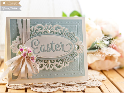 Easter Card Making Ideas by Becca Feeken using Waltzingmouse Easter Die and Spellbinder Heirloom Oval - www.amazingpapergrace.com