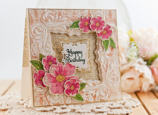 Birthday Card Making Ideas by Becca Feeken using JustRite Romantic Wild Roses and Spellbinders Decorative Applause Embossing Folder and Labels 42 Decorative Elements - www.amazingpapergrace.com