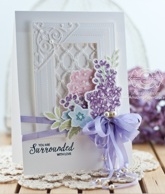 Card Making Ideas by Becca Feeken using JustRite Multi-Step Lilac Bouquet and Spellbinders Grate Effects, Spellbinders Imperial Squares and Spellbinders Pierced Rectangles - www.amazingpapergrace.com