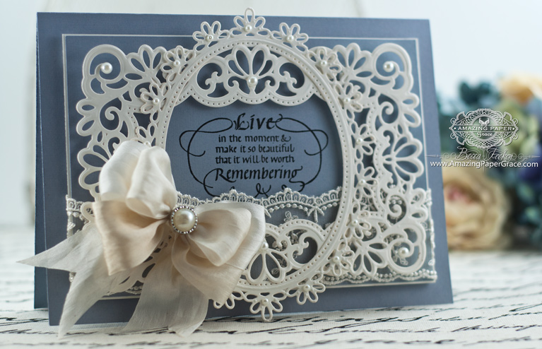 Card Making Ideas by Becca Feeken using Quietfire Design - Live in the Moment and Spellbinders Heirloom Rectangle, Spellbinders Oval Floral - www.amazingpapergrace.com