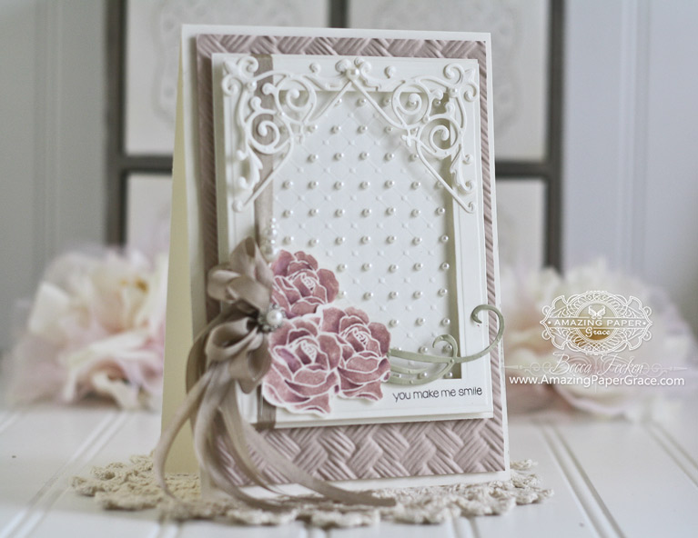 Card Making Ideas by Becca Feeken using Penny Black Petal Power, Penny Black - Snippets, Spellbinders Basket Weave 3D Embossing Folder, Spellbinders Framed Canvas, Spellbinders 5 x 7 Matting Basics A, Spellbinders Imperial Square - www.amazingpapergrace.com