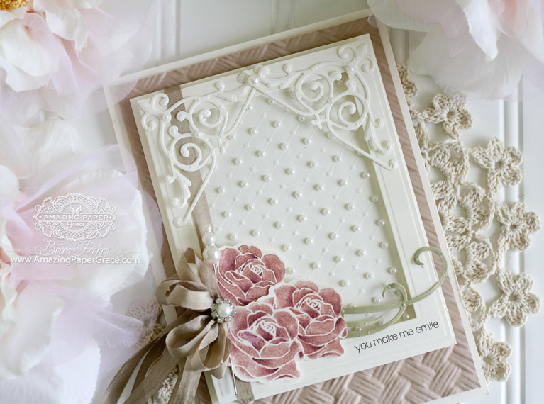 Card Making Ideas by Becca Feeken using Penny Black Petal Power, Penny Black - Snippets, Spellbinders Basket Weave 3D Embossing Folder, Spellbinders Framed Canvas, Spellbinders 5 x 7 Matting Basics A, Spellbinders Imperial Square - www.amazingpapergrace.com