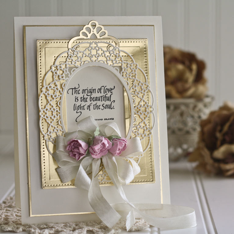 Card Making Ideas by Becca Feeken using Quietfire Design - The Origin of Love and Spellbinders Pierced Rectangles, Spellbinders Oval Regalia, Spellbinders Cinch and Go Flowers - www.amazingpapergrace.com