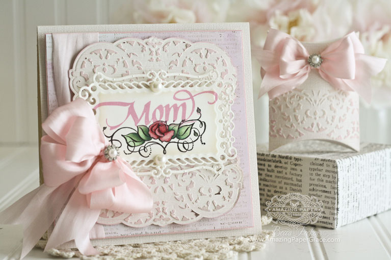 Mothers Day Card Making Ideas by Becca Feeken using Quietfire Design (Keep Calm and Call Mom) and Spellbinders Belgian Lace, Spellbinders A2 Valiant Honor, Spellbinders Pillow Box - www.amazingpapergrace.com