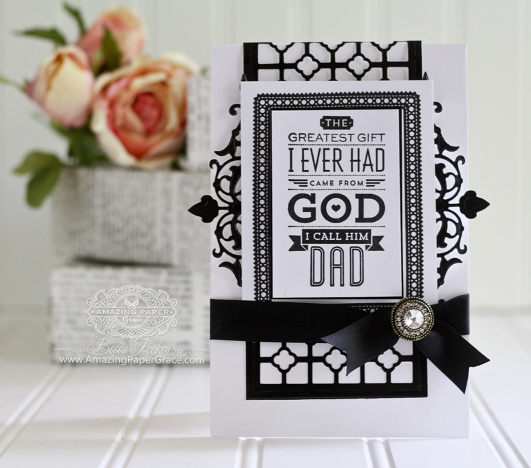 Father's Day Card Making Ideas by Becca Feeken using S4-609 Spellbinders Gents Shoe. I created a card and box to go with the video and they are up for grabs today for Day of Giving Friday! The card is made using S5-268 Spellbinders Quatrefoil Panel and an embellishment piece from S6-078 Regal Allure - www.amazingpapergrace.com