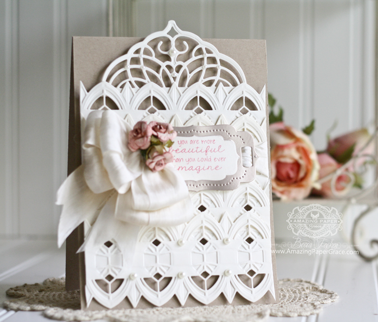 Card Making Ideas by Becca Feeken using Spellbinders Arched Diamond, Spellbinders Cascading Grace Pocket, Spellbinders 5 x 7 Elegant Labels Four - Full Supply List at www.amazingpapergrace.com