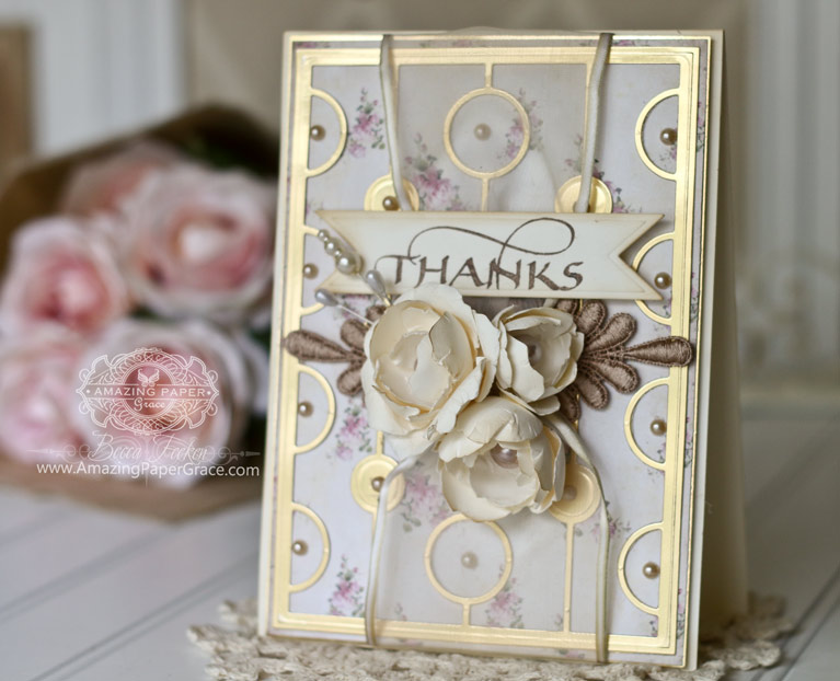 Thank You Card Making Ideas by Becca Feeken using Quietfire Design - Thanks Cuddlers Set, Spellbinders Vertical Chain, Spellbinders Contour Layered Blooms, Spellbinders Decorative Swallowtail Tags - full supply list at www.amazingpapergrace.com