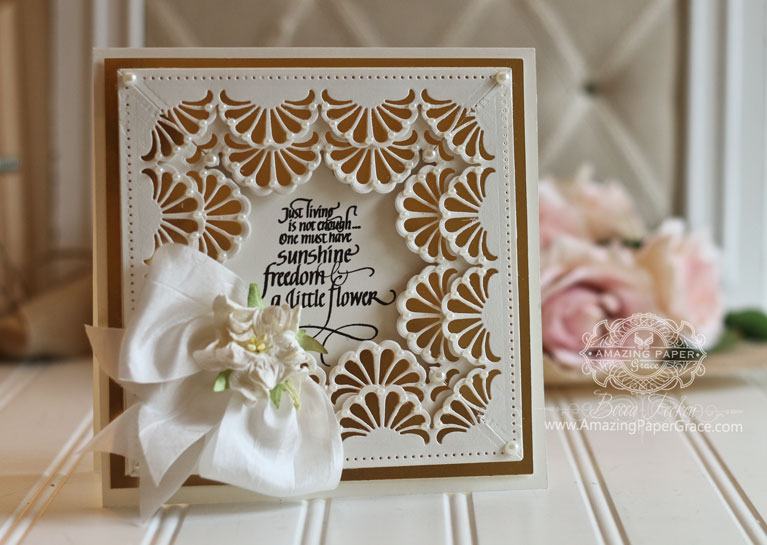 Card Making Ideas by Becca Feeken using Quietfire Design - Just Living Is Not Enough and Spellbinders Graceful Fans and Graceful 6 x 6 Frame Maker - for full supply list see www.amazingpapergrace.com