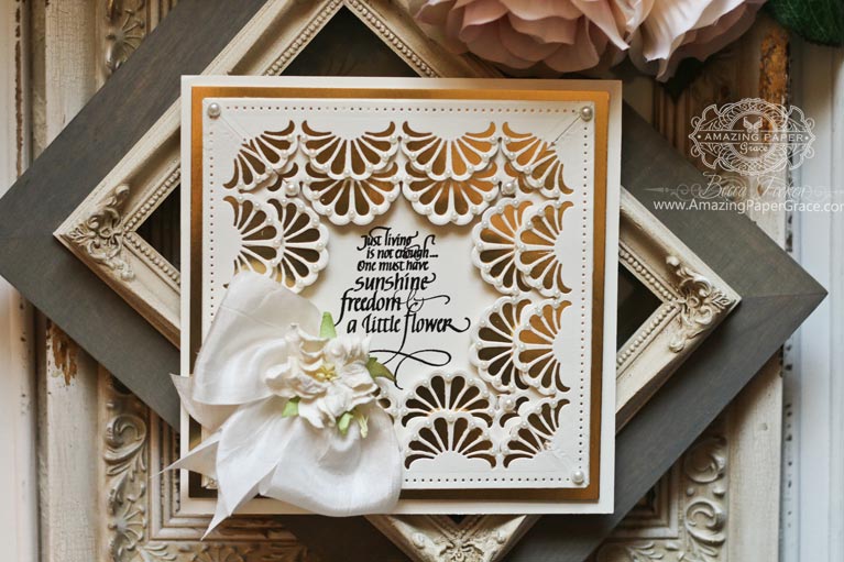 Card Making Ideas by Becca Feeken using Quietfire Design - Just Living Is Not Enough and Spellbinders Graceful Fans and Graceful 6 x 6 Frame Maker - for full supply list see www.amazingpapergrace.com