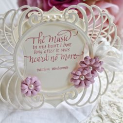 Card Making Ideas by Becca Feeken using Quietfire Design - The Music in my Heart, Spellbinders Marcheline Plume, Spellbinders Francesca Label, Spellbinders Cinch and Go Flowers II - see full supply list and links at www.amazingpapergrace.com/?p=32332