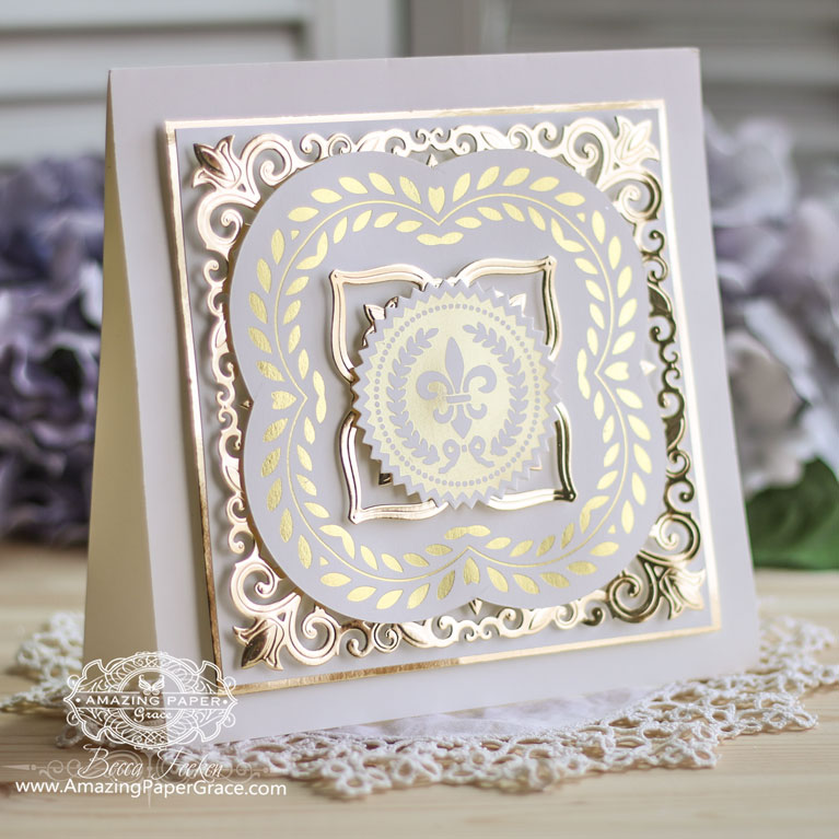A No Sentiment Card by Becca Feeken with Amazing Paper Grace using Glorious Glimmer Elegant Square and Glorious Glimmer Elegant Gold Seals along with Spellbinders Botanical Bliss.  See supply list and links to products at www.amazingpapergrace.com/?p=34484